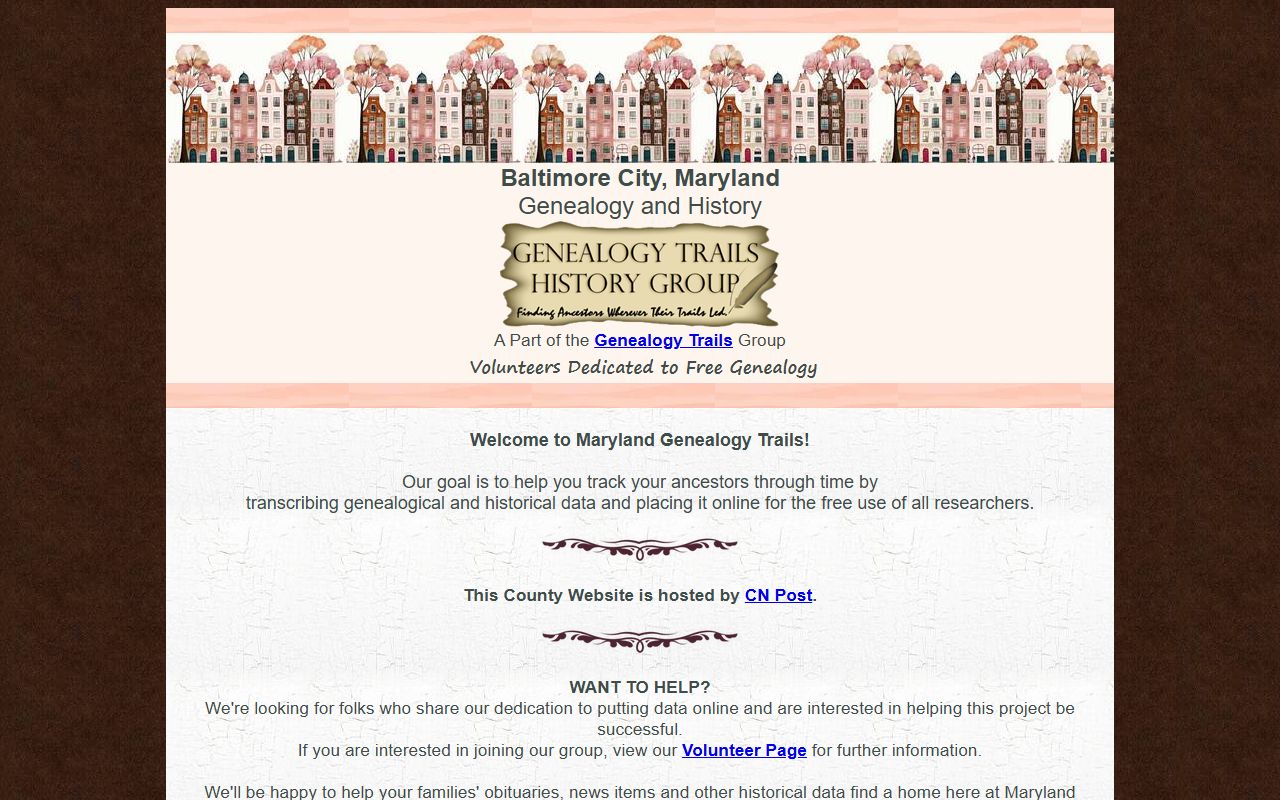 Genealogy Trails Baltimore page showing transcribed death notices and obituary records for Baltimore City