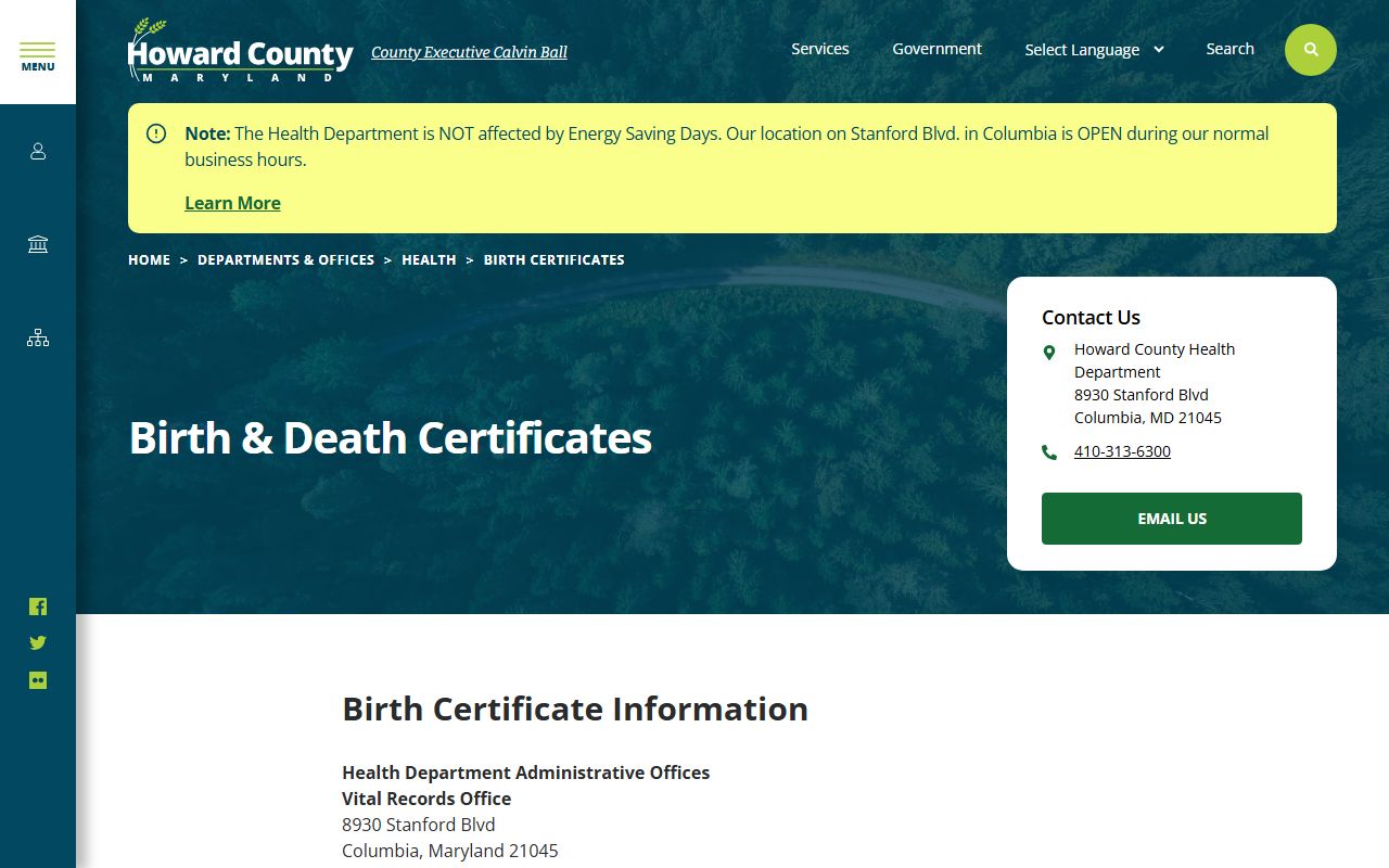 Howard County Health vital records page showing online death certificate process for Columbia residents