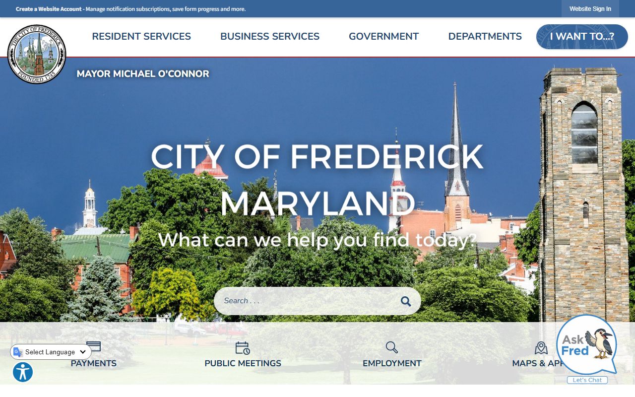 City of Frederick government website showing city services and resources for Frederick residents