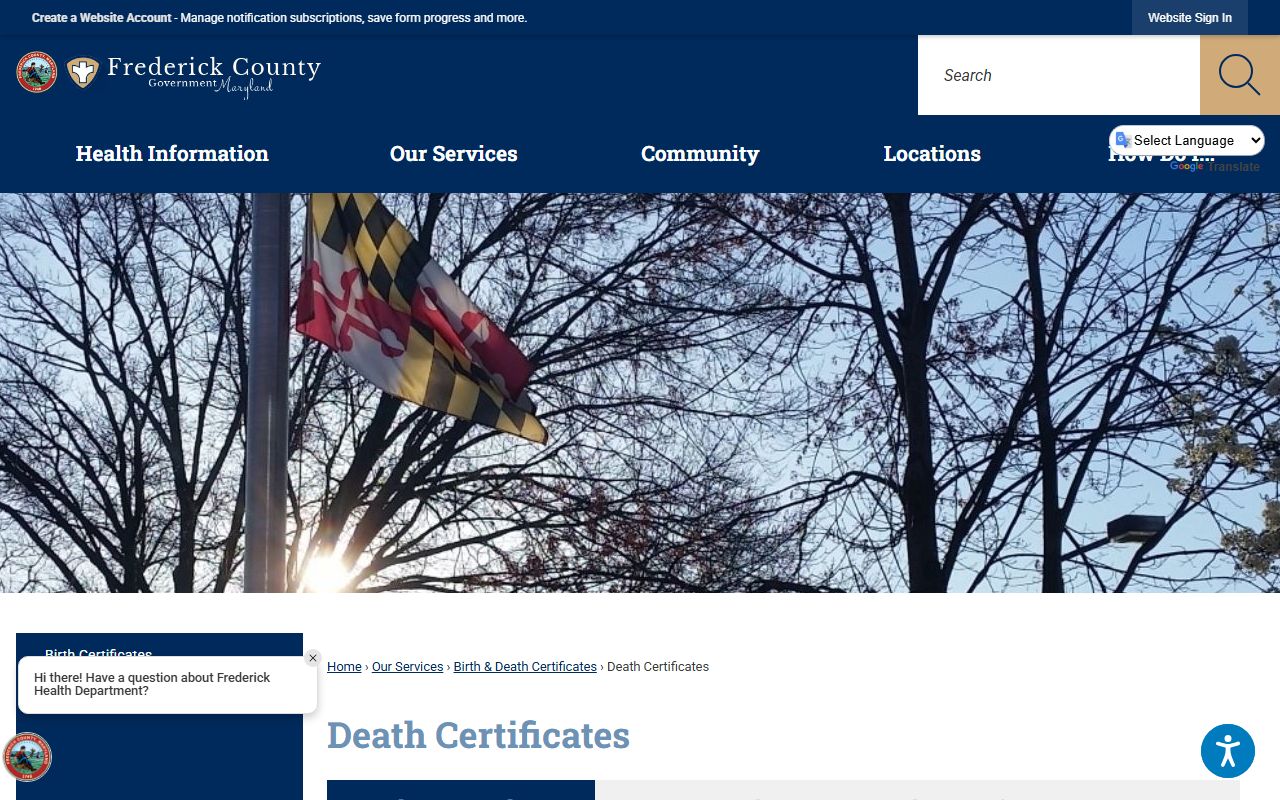 Frederick County death certificates page showing how to request obituary records for Frederick residents