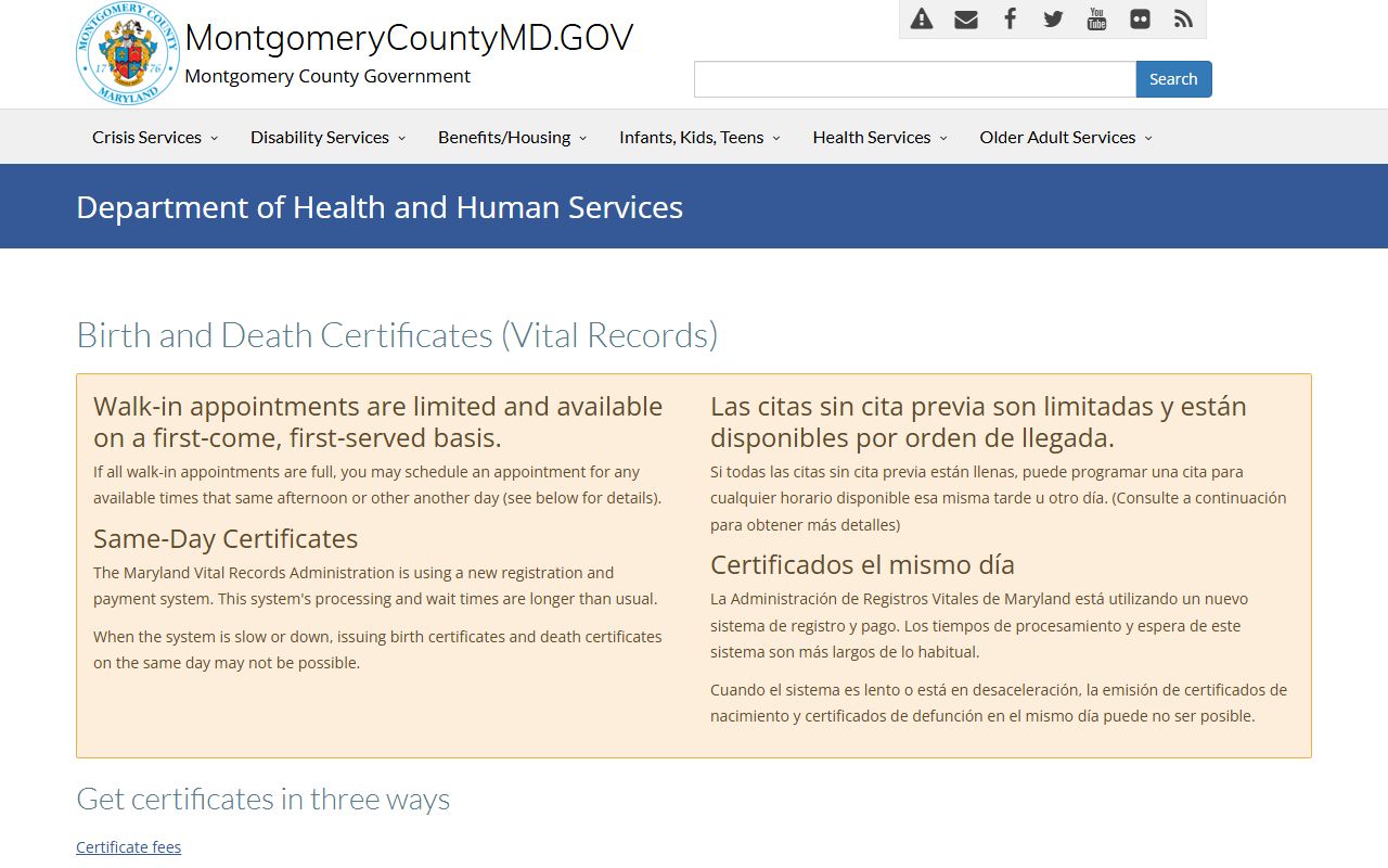 Montgomery County vital records page for North Bethesda obituary records requests at Dennis Avenue Health Center
