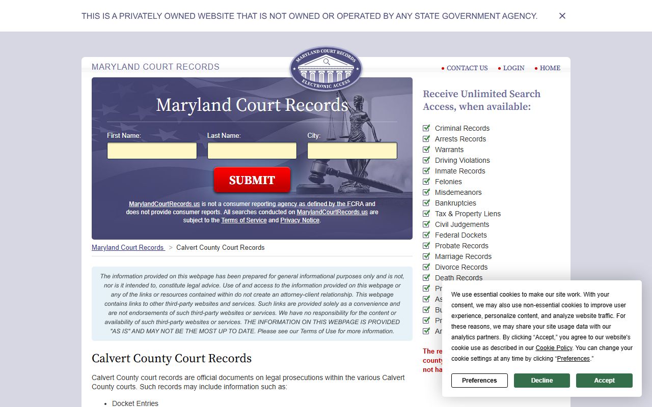 Calvert County court records resource page for obituary and death records