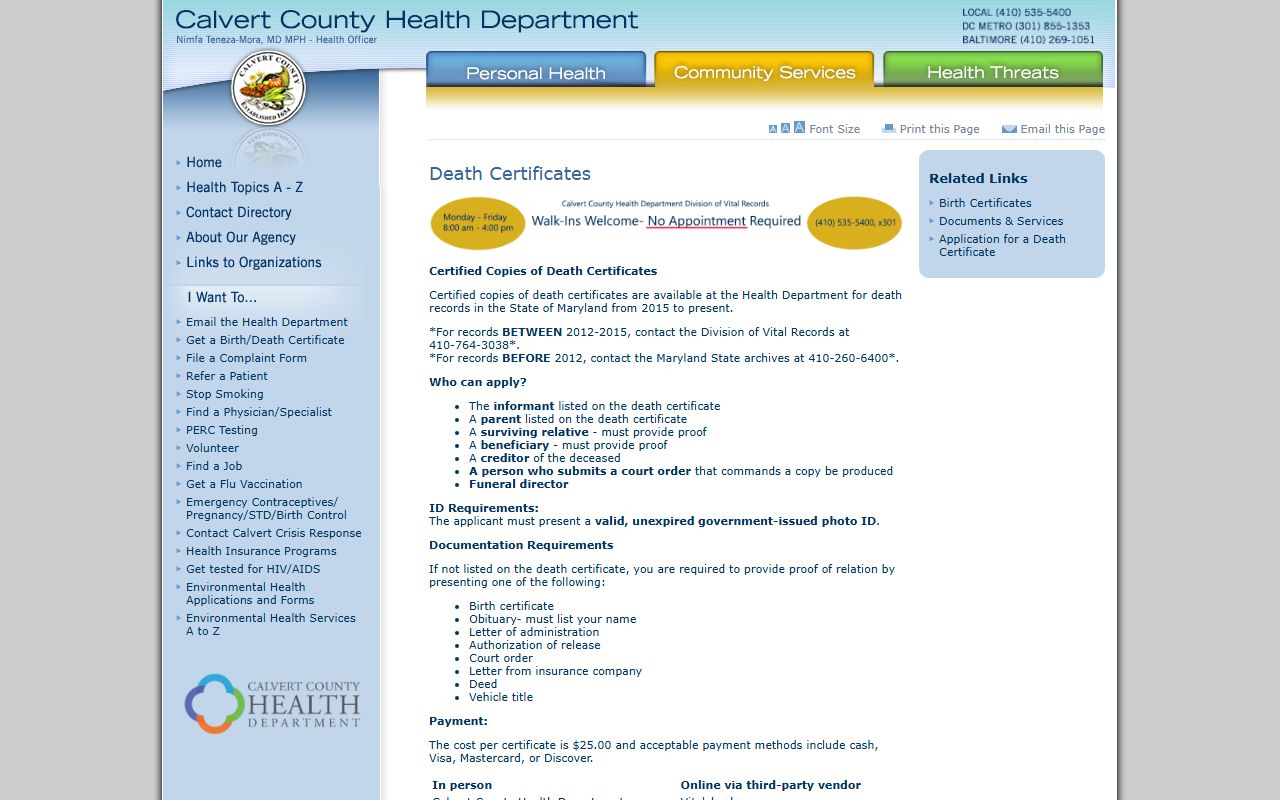 Calvert County Health Department death certificate page for obituary records
