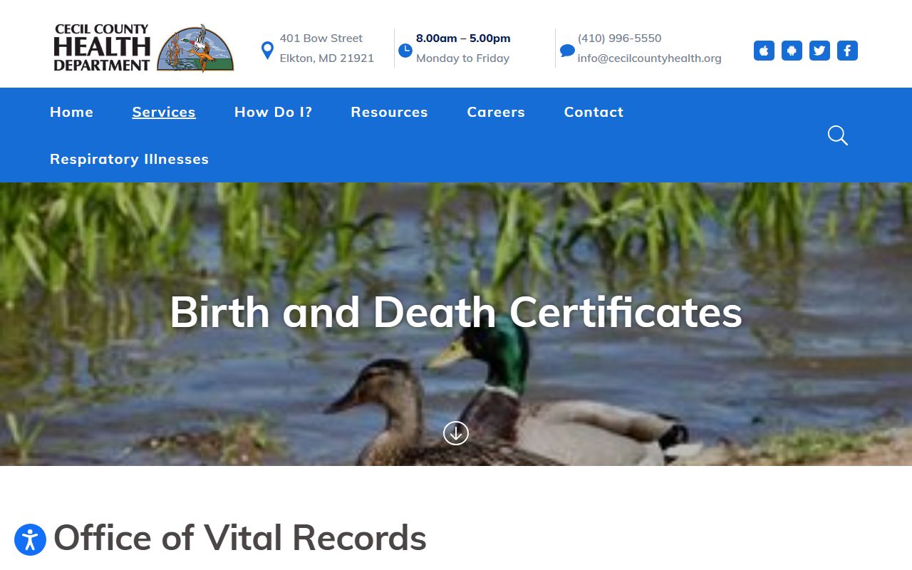 Cecil County Health Department vital records appointment page for obituary and death certificates