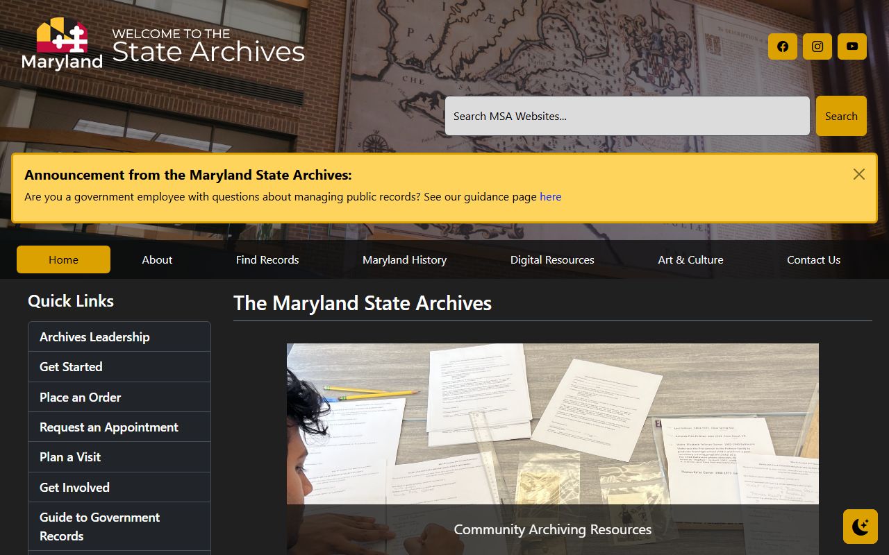 Maryland State Archives homepage for obituary and death record research