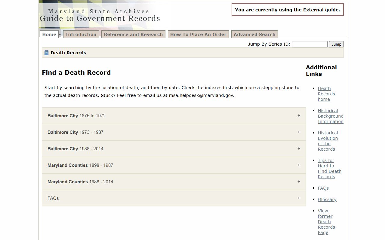 Maryland State Archives death records guide for Maryland obituary research